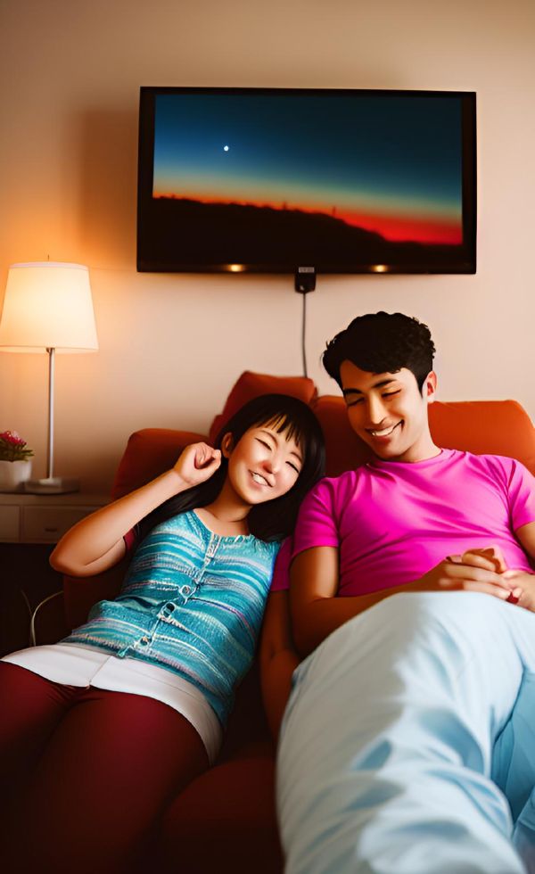 部屋で寛ぐカップル,共感効果のイメージ